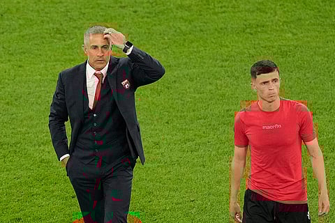 Albania's head coach Sylvinho and Jasir Asani